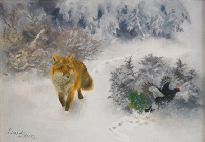 Fox and Black Grouse Cock in Winter Landscape by Bruno Andreas Liljefors